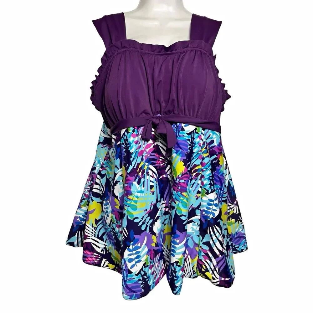 Women’s 2Pc Swimdress Set XXL Purple Tropical Floral Built-In Bra Boy Shorts